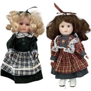 Vintage Porcelain Doll Lot Set of 2 Plaid Dresses Collector Decor